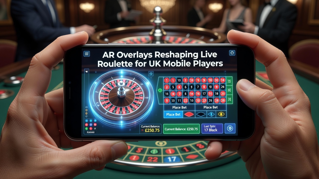 Close-up view of augmented reality interface showing horse racing statistics overlaid on a live roulette wheel during a mobile session